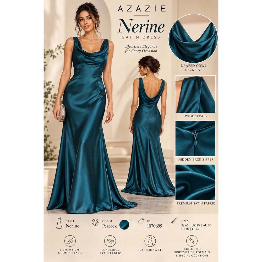 Azazie Nerine Satin Dress Peacock Blue Cowl Neck Formal Gown Size US A6 1070695